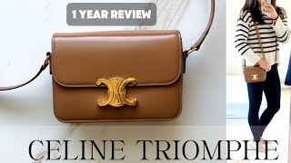 CELINE TRIOMPHE BAG  1 year review  still WORTH IT Wear and tear  what fits celine handbags [upl. by Nallad206]