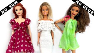 3 DIY NO SEW NO GLUE Doll Dresses  How to Make Barbie Dress Easy  Barbie Clothes [upl. by Marjory336]