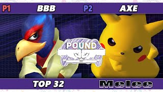 Pound 2022 Top 32  Axe Pikachu Vs BBB Falco SSBM Smash Melee Tournament [upl. by Ahsela]