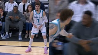 LaMelo Ball hits 3 and points at Thanasis for talking trash while courtside 😂 [upl. by Nillok]