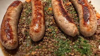 SAUCISSES DE TOULOUSE AUX LENTILLES  TOULOUSE SAUSAGES AND LENTILS VIDEO 239 [upl. by Niu537]