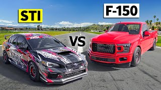 Speed Shop vs BoltOn Build 1150 HP Subaru WRX STI drag races Twin Turbo Ford F150 [upl. by Nosirb]