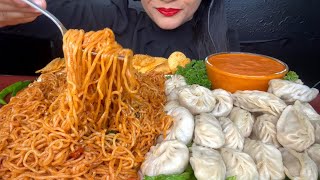 ASMR EATING SPICY NOODLESCHICKEN MOMOVEG MOMOLAYS CHIPS FOODVIDEOS [upl. by Alyehc803]