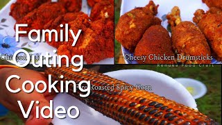 Cheesy Chicken Drumsticks  Fire Roasted Corn  Chicken Pakoda  Family Outing Cooking video [upl. by Ikcir664]