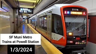 SF Muni Metro train action at Powell Street Station 132024 [upl. by Idyak]