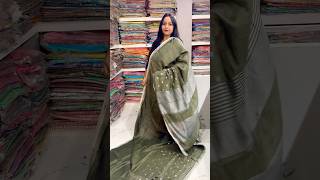 Mehndi color linen saree silver zari weaving love music sareeceremony desibrides floralsaree [upl. by Fabriane]