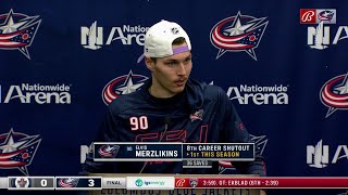 Elvis Merzlikins discusses PierreLuc Dubois wearing 80 to honor Matiss Kivlenieks [upl. by Nnairek]