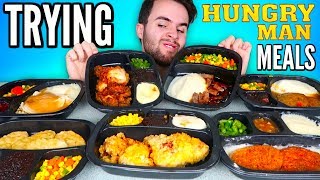 TRYING HUNGRYMAN FROZEN MEALS  Fried Chicken Meal Turkey Dinner amp MORE Taste Test [upl. by Ydner529]