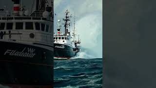 Fishing Boat in Danger as Tidal Wave Splashes Behind fishingboat sea scaryocean [upl. by Jarib787]