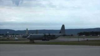 4 C130J SH with 2 F16s at Gardermoen AFB [upl. by Bordie]