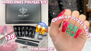 TRYING A MODELONES POLYGEL NAIL STARTER KIT FROM AMAZON  BEGINNER POLYGEL KIT  GRINCH NAILS [upl. by Vivyanne]