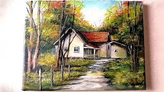 Acrylic Painting  House in Autumn Using 4 colors Landscape Scenery art drawing how diy easy [upl. by Davine328]