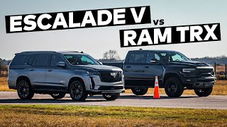 Cadillac Escalade V vs RAM TRX  Drag and Roll Race Comparison [upl. by Ogaitnas]