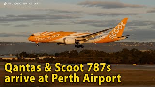 Qantas Airways VHZNG and Scoot 9VOFH arriving on RW03 at Perth Airport [upl. by Oinotnaocram]