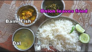 eating show  Eating Onion Leaves fried and big baim fish curry with Dal [upl. by Nimsaj41]