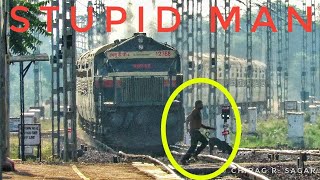 Stupid Man Crossing Track in Front of Speedy Train  Man vs Train  Indian Railways [upl. by Schwerin4]