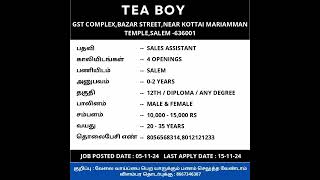 salemjobs Sales Assistant Job at Tea Boy  Salem District Job Vacancyசேலம் மாவட்ட வேலை வாய்ப்புகள் [upl. by Pacien25]