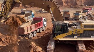 Caterpillar 365C Excavator Loading Mercedes amp MAN Trucks With Three Passes [upl. by Ahasuerus]