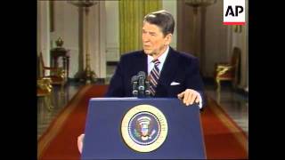 President Ronald Reagan announces economic sanctions against Libya during a prime time news conferen [upl. by Nibla]