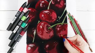 How to use MARKERS with COLORED PENCILS  Drawing Realistic Cherries [upl. by Yevreh]