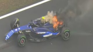 Logan Sargeants car bursts into flames after huge crash at Dutch Grand Prix [upl. by Risa520]