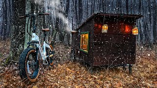 WINTER IN A BIKE CAMPER with a WOOD STOVE [upl. by Alfy]