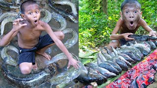 Primitive Technology  Kmeng Prey  Meet All Fish In Waterfall And Cooking Eating Delicious [upl. by Noryv]