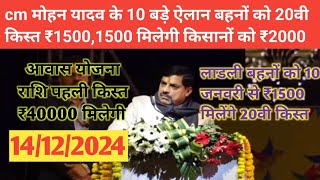 CM मोहन यादव के 10 बड़े ऐलान बहनों को 20वी किस्त ₹15001500 मिलेगी किसानों को ladli awas Yojana [upl. by Mariette]