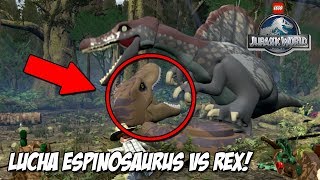 LUCHA ESPINOSAURUS CONTRA TIRANOSAURUS REX EL MEJOR DINOSAURIO REX O SPINO  JURASSIC WORLD LEGO [upl. by Ylecic]