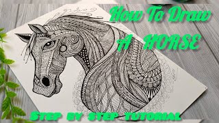 Easy Horse Drawing Step By Step Tutorial Zentangle Art [upl. by Ingemar]