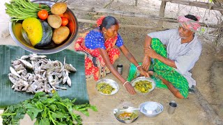 small fish curry with vegetables and pui shak cooking amp eating by our santali tribe old couple [upl. by Maury420]