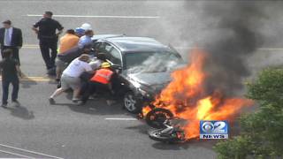 Amazing rescue Bystanders lift burning car off injured motorcyclist in Logan Utah [upl. by Llegna48]