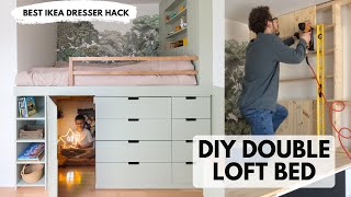 DIY Double Loft Bed with Hidden Hideout  Ikea Dresser Hack [upl. by Alta]