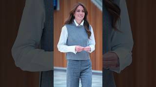 Kate sporting a grey sweater vest over a crisp white shirt paired w coordinating grey trousers [upl. by Akinnor594]