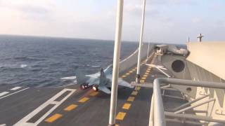 Fighter MiG 29K takes off from the shorter runway on board INS Vikramaditya [upl. by Ientruoc]