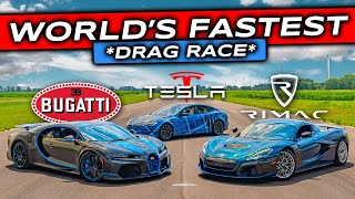 WORLDS FIRST Rimac Nevera V Bugatti Chiron SuperSport V Tesla Plaid DRAG RACE [upl. by Hamitaf]