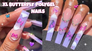 XL OMBRE BUTTERFLY POLYGEL NAILS 🦋💜  BEGINNER FRIENDLY SUMMER NAIL ART  NAIL TUTORIAL [upl. by Hannaoj355]