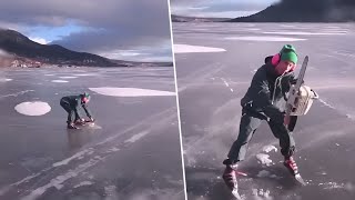 Ice Skater Gets Pulled by a Chainsaw on a Frozen Lake [upl. by Scotty]