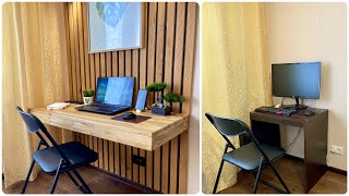 How To Build a Wood Slat Wall With Floating PC Desk 🤯😍 [upl. by Gresham]