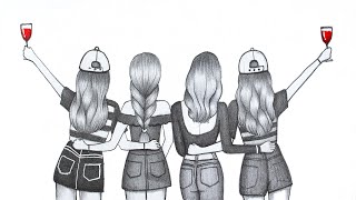 How to draw a Four Friend Pencil sketch  Step by Step drawing  Girls Friendship  Easy drawing [upl. by Sedaiuqlem]