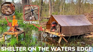 Solo Overnight Building an Elevated Shelter On The Waters Edge and Bacon Wild Onion Morel Ribeye [upl. by Ricky203]