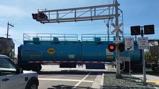 Meadowview Road Railroad Crossing BNSF 7193 Manifest Northbound and SACRT Light Rail Trains [upl. by Bunder]