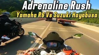 Yamaha R6 vs Suzuki Hayabusa  Adrenaline Rush 2024  Top Speed Test amp Motorcycle Drag Race [upl. by Three]