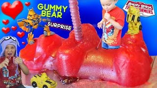 Kid Drinks Jelly from Giant Gummy Bear  Valentines Day Angry Birds Transformers Surprise Part 2 [upl. by Ecilayram]