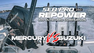 Mercury VS Suzuki 300 Sea Pro 250 Bay Boat Repower Outboard Engine Comparison Water Test and Results [upl. by Eitsirk731]