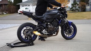 Yamaha MT07 Akrapovic Cold start  Revs  Fly by LOUD [upl. by Yenmor402]