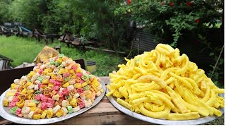 COLOURFUL FRIED FRYUMS  CRUNCHY FINGER FRYUMS  Desi Kurkure With Masala  VEGGIE VILLAGE FOOD [upl. by Swithbart]