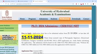 University of Hyderabad PhD 2024 Admissions Through CSIRUGCNET 2024 Scores  Application Form Out📢 [upl. by Palladin]