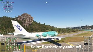 Take off TFFJ Saint Barthelemy R10 very short runway  Boeing 7478 [upl. by Malaspina]