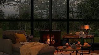 Cozy room ambience ASMR🌙 Rain on window sounds with crackling fire for sleep study relaxation [upl. by Fendig611]